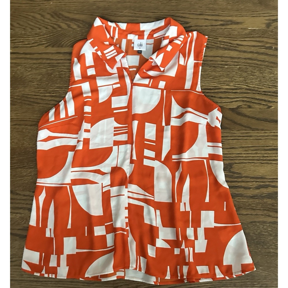 CABI Kelly Top Women's M Sleeveless Orange White Geometric 1/2 Zip Front Flirty